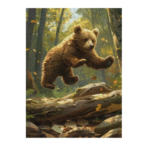 Jigsaw Puzzles - Brown Bear Joyfully Leaping through An Autumn Forest with Falling Leaves500 PCS，Challenging Puzzle Perfect for Game Nights