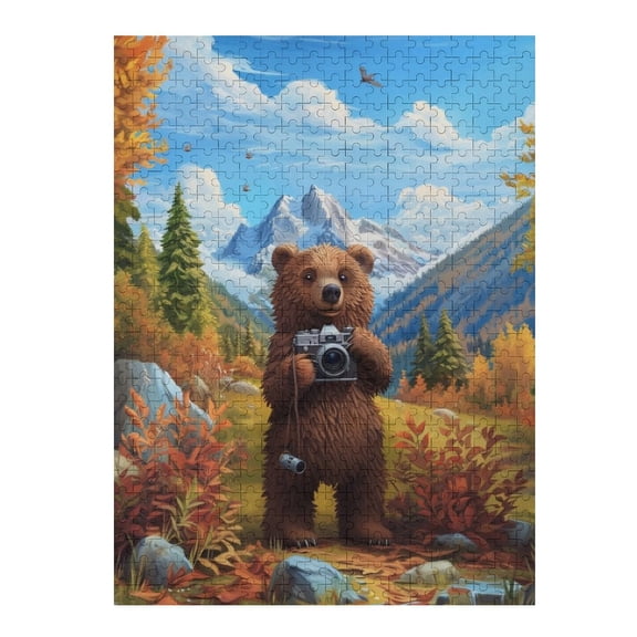 Jigsaw Puzzles - Brown Bear Taking Photos in A Picturesque Autumn Mountain Landscape500 PCS，Challenging Puzzle Perfect for Game Nights