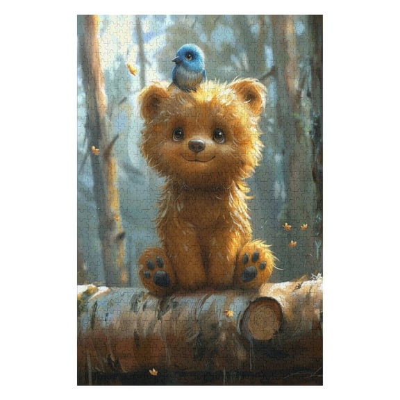 Jigsaw Puzzles - Brown Bear with A Blue Bird on Its Head, Sitting in A Forest Setting1000 PCSChallenging Puzzle Perfect for Game Nights