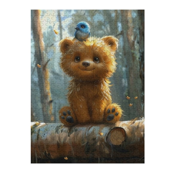 Jigsaw Puzzles - Brown Bear with A Blue Bird on Its Head, Sitting in A Forest Setting500 PCSChallenging Puzzle Perfect for Game Nights