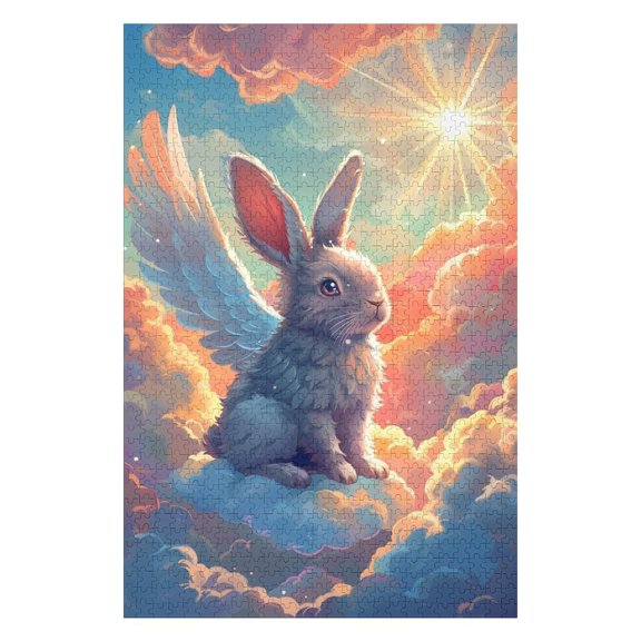 Jigsaw Puzzles - Bunny with Wings Sitting on Clouds Under A Bright Sun in A Colorful Sky1000 PCSChallenging Puzzle Perfect for Game Nights