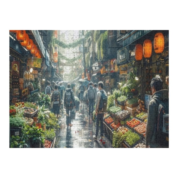 Jigsaw Puzzles - Busy Street Market with Various Stalls And People Under Hanging Lanterns500 PCSChallenging Puzzle Perfect for Game Nights