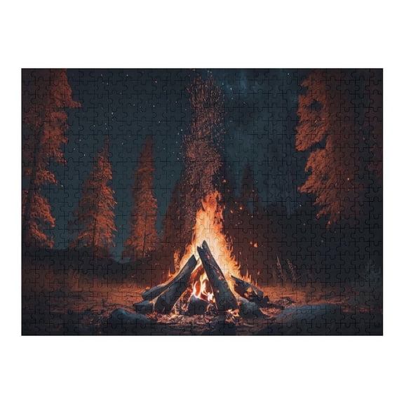 Jigsaw Puzzles - Campfire Burning Brightly in A Forest at Night, Surrounded by Trees Under Starry Sky500 PCSChallenging Puzzle Perfect for Game Nights