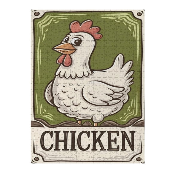 Jigsaw Puzzles - Cartoon - Style White Chicken in A Green - Framed Sign with The Word CHICKEN500 PCSChallenging Puzzle Perfect for Game Nights