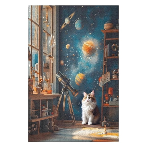 Jigsaw Puzzles - Cat in A Room with A Space - Themed Wall, A Telescope, And Astronomy - Related Items1000 PCSChallenging Puzzle Perfect for Game Nights