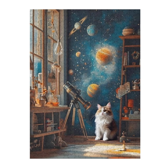Jigsaw Puzzles - Cat in A Room with A Space - Themed Wall, A Telescope, And Astronomy - Related Items500 PCSChallenging Puzzle Perfect for Game Nights
