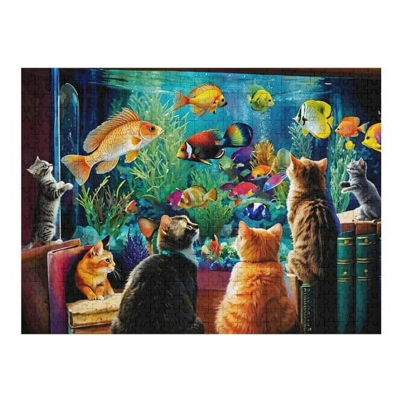 Jigsaw Puzzles - Cats Intently Watching Colorful Fish in An Aquarium500 PCS，Challenging Puzzle Perfect for Game Nights