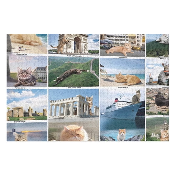Jigsaw Puzzles - Cats in Various Iconic Global Locations, Creating A Whimsical Travel Collage1000 PCSChallenging Puzzle Perfect for Game Nights