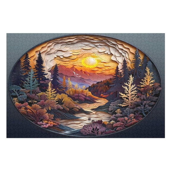 Jigsaw Puzzles - Circular Paper - Cut Style Artwork Depicting A Mountain Landscape at Sunset1000 PCSChallenging Puzzle Perfect for Game Nights