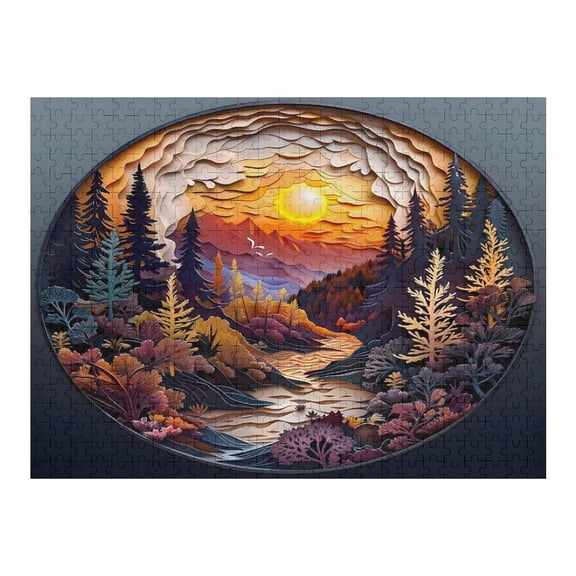 Jigsaw Puzzles - Circular Paper - Cut Style Artwork Depicting A Mountain Landscape at Sunset500 PCSChallenging Puzzle Perfect for Game Nights