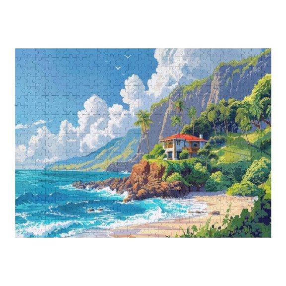 Jigsaw Puzzles - Coastal House with Red Roof, Surrounded by Palm Trees And Overlooking The Ocean500 PCS，Challenging Puzzle Perfect for Game Nights