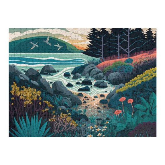 Jigsaw Puzzles - Coastal Landscape with Rocks, Waves, Flowers And Flying Birds in An Artistic Style500 PCS，Challenging Puzzle Perfect for Game Nights