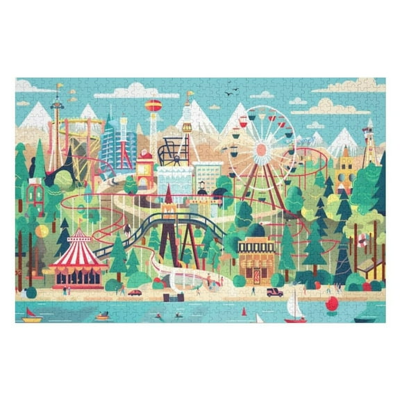 Jigsaw Puzzles - Colorful Amusement Park with Rides, Surrounded by Mountains And Water Under A Bright Sky1000 PCS,Challenging Puzzle Perfect for Game Nights