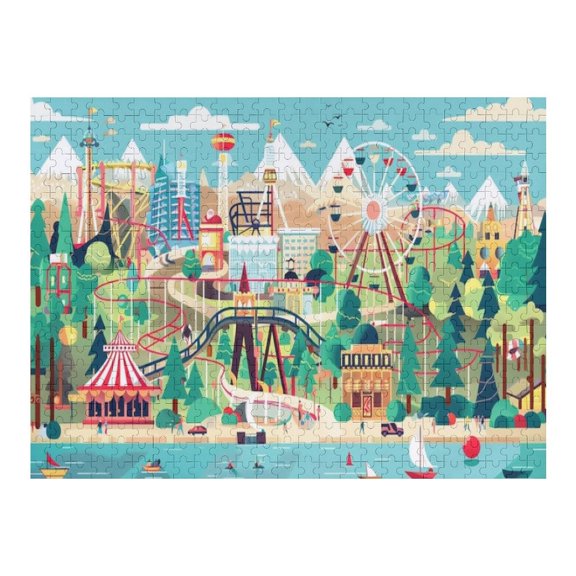 Jigsaw Puzzles - Colorful Amusement Park with Rides, Surrounded by Mountains And Water Under A Bright Sky500 PCSChallenging Puzzle Perfect for Game Nights