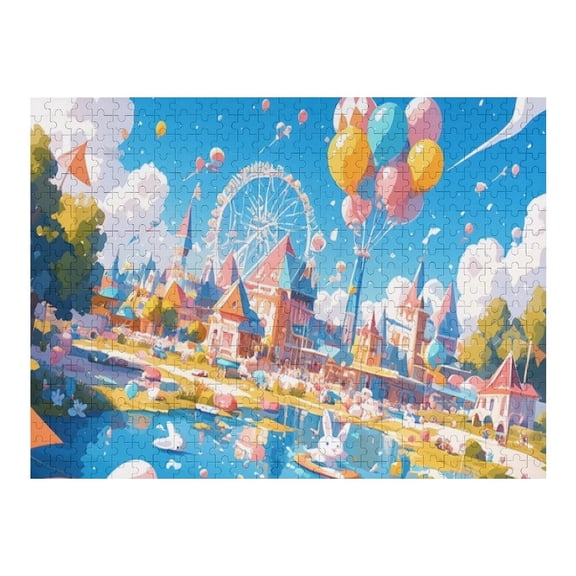 Jigsaw Puzzles - Colorful Amusement Park by A Lake with Ferris Wheel And Floating Balloons500 PCS，Challenging Puzzle Perfect for Game Nights