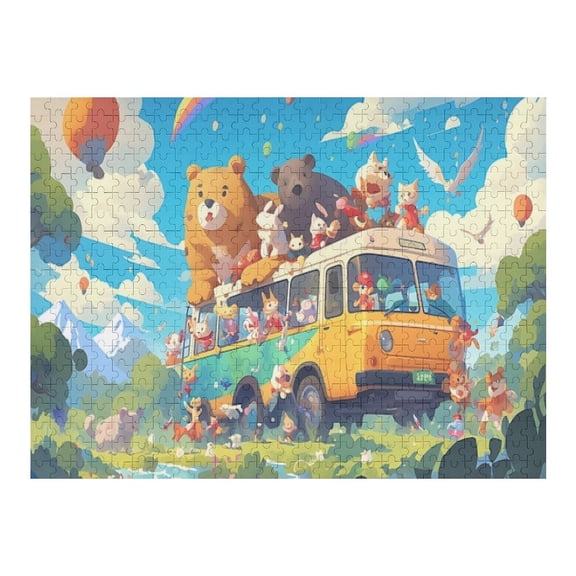 Jigsaw Puzzles - Colorful Bus Filled with Animated Animals on A Joyful Journey in Nature500 PCS,Challenging Puzzle Perfect for Game Nights