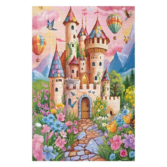 Jigsaw Puzzles - Colorful Fairy - Tale Castle Surrounded by Flowers, with Hot Air Balloons And Birds in The Sky1000 PCSChallenging Puzzle Perfect for Game Nights
