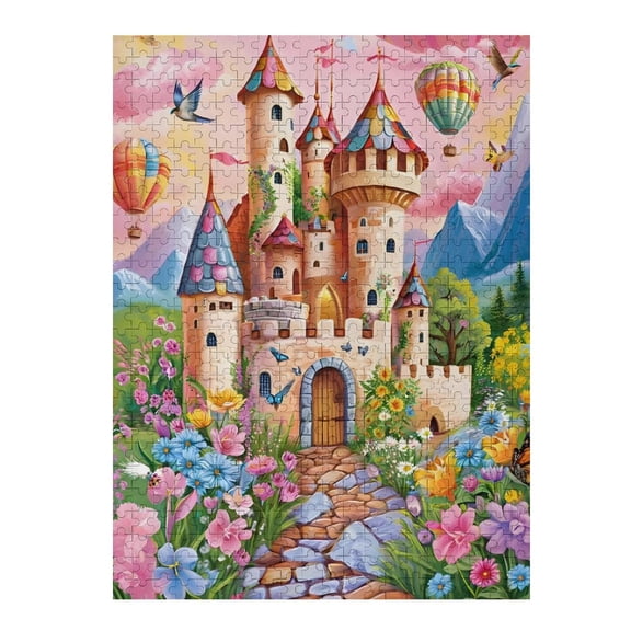 Jigsaw Puzzles - Colorful Fairy - Tale Castle Surrounded by Flowers, with Hot Air Balloons And Birds in The Sky500 PCS,Challenging Puzzle Perfect for Game Nights
