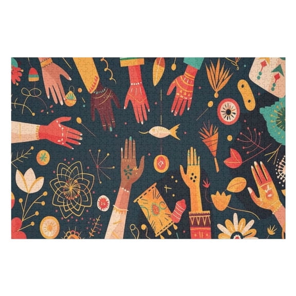 Jigsaw Puzzles - Colorful Hands with Decorative Patterns Reaching Out Against A Dark Background1000 PCS，Challenging Puzzle Perfect for Game Nights
