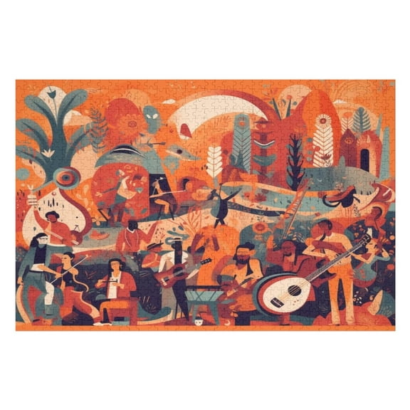 Jigsaw Puzzles - Colorful Illustration of People Playing Musical Instruments in An Orange - Themed Setting1000 PCS，Challenging Puzzle Perfect for Game Nights
