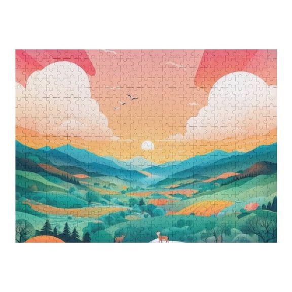 Jigsaw Puzzles - Colorful Mountainous Landscape at Sunset, with Birds And Deer in The Foreground500 PCSChallenging Puzzle Perfect for Game Nights