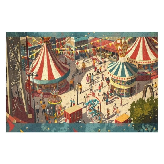 Jigsaw Puzzles - Crowded Amusement Park with Colorful Tents And People Enjoying Rides1000 PCS,Challenging Puzzle Perfect for Game Nights
