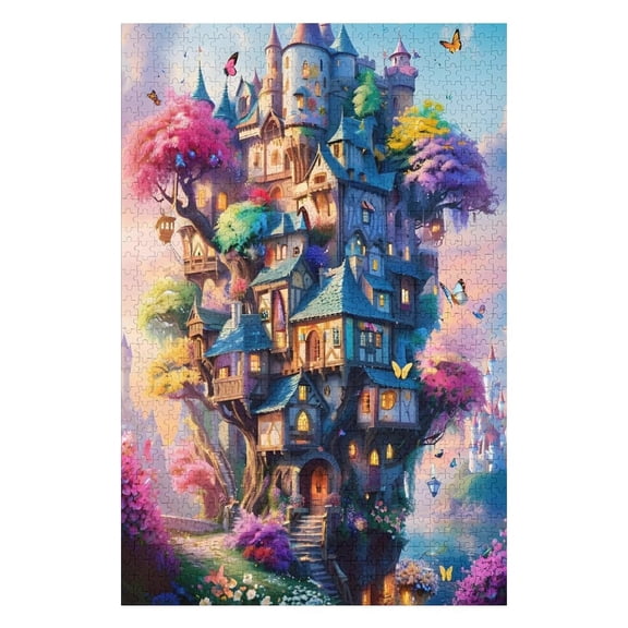 Jigsaw Puzzles - Enchanted Tree - Top Castle with Colorful Foliage And Butterflies, Set Against A Bright Sky1000 PCSChallenging Puzzle Perfect for Game Nights