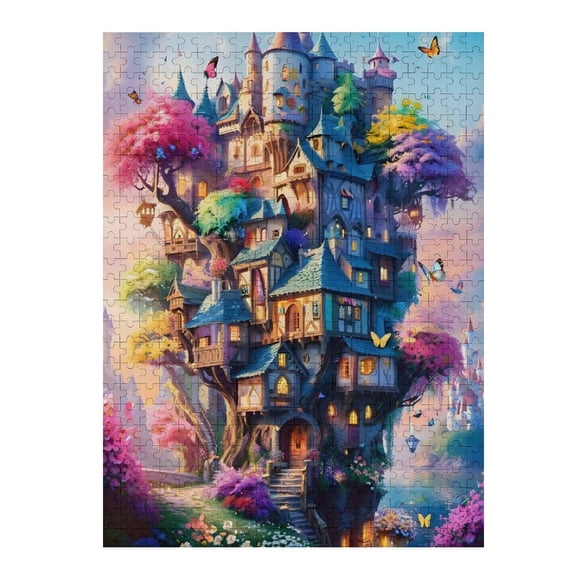 Jigsaw Puzzles - Enchanted Tree - Top Castle with Colorful Foliage And Butterflies, Set Against A Bright Sky500 PCSChallenging Puzzle Perfect for Game Nights
