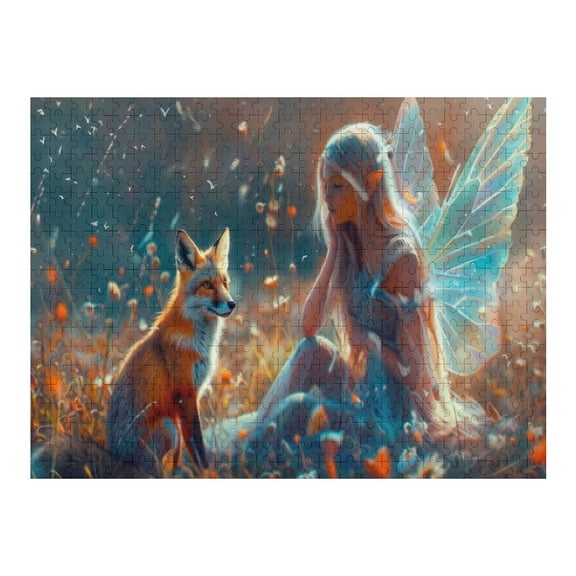 Jigsaw Puzzles - A Fairy with Shining Wings Sitting in A Field, Accompanied by A Fox in A Magical Atmosphere500 PCS，Challenging Puzzle Perfect for Game Nights