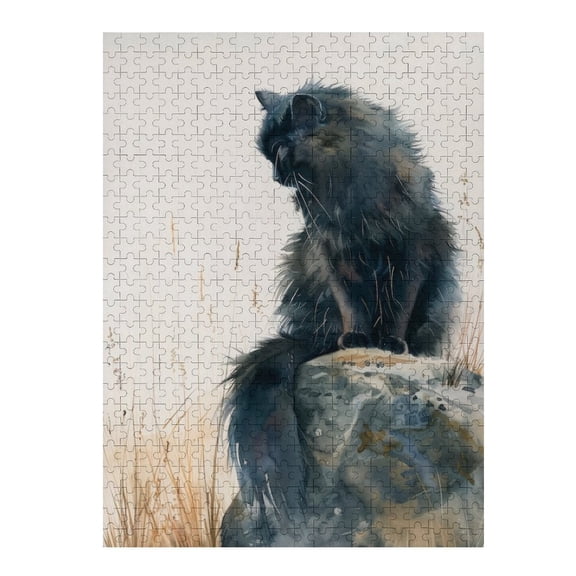Jigsaw Puzzles - Fluffy Black Cat Sitting on A Rock, Looking Down in A Watercolor - Style Setting500 PCSChallenging Puzzle Perfect for Game Nights