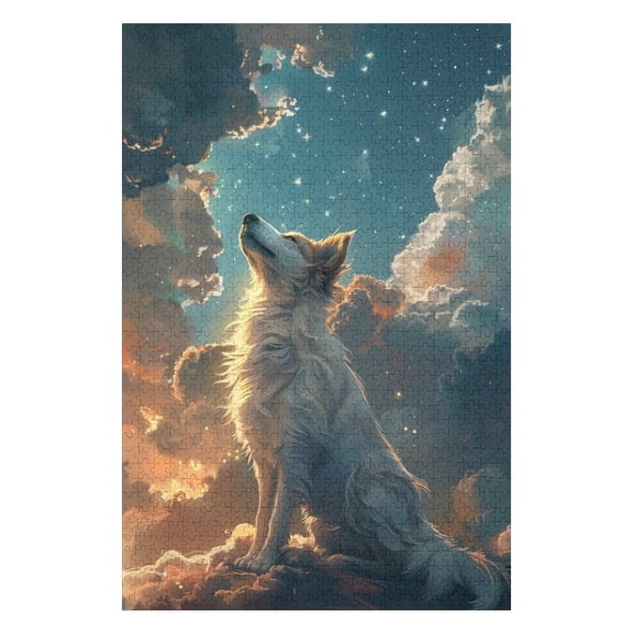 Jigsaw Puzzles - Fluffy White Dog Gazing at The Starry Sky in A Dreamy, Cloud - Filled Scene1000 PCSChallenging Puzzle Perfect for Game Nights