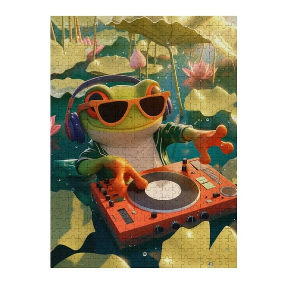 Jigsaw Puzzles - Frog Wearing Sunglasses And Headphones, DJ - Ing on A Red Turntable in A Lotus - Filled Pond500 PCS,Challenging Puzzle Perfect for Game Nights