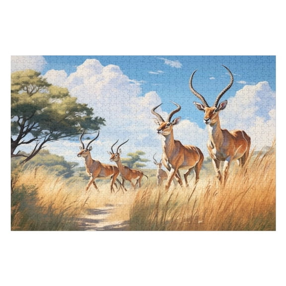 Jigsaw Puzzles - Group of Antelopes Walking on A Path in A Sunny Savanna with Trees1000 PCSChallenging Puzzle Perfect for Game Nights