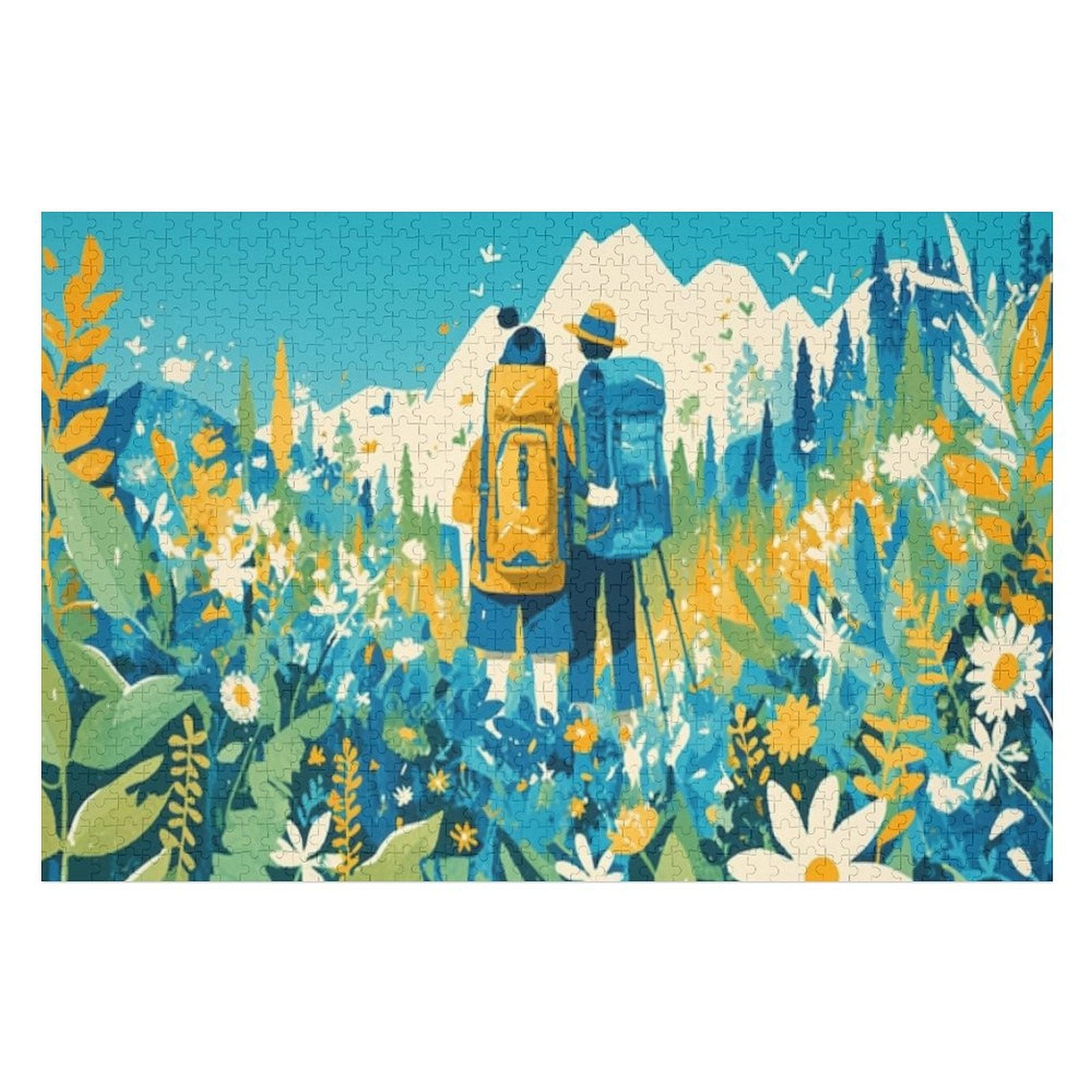 Jigsaw Puzzles - Hikers with Backpacks in A Vibrant, Flower - Filled ...