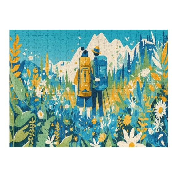 Jigsaw Puzzles - Hikers with Backpacks in A Vibrant, Flower - Filled Landscape with Mountains in The Background500 PCS，Challenging Puzzle Perfect for Game Nights