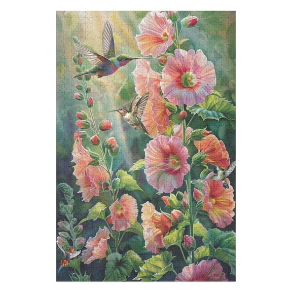 Jigsaw Puzzles - Hummingbirds Hovering Around Large, Pink Flowers in A Lush Garden Setting1000 PCS,Challenging Puzzle Perfect for Game Nights