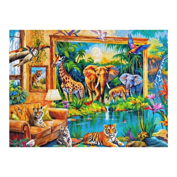 Jigsaw Puzzles - Interior with A Safari Theme, Featuring A Couch, Wildlife Paintings, And Real - Like Animals500 PCSChallenging Puzzle Perfect for Game Nights
