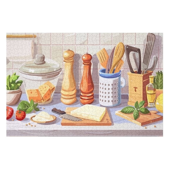 Jigsaw Puzzles - Kitchen Countertop with Various Utensils, Cheeses, And Fresh Ingredients1000 PCSChallenging Puzzle Perfect for Game Nights