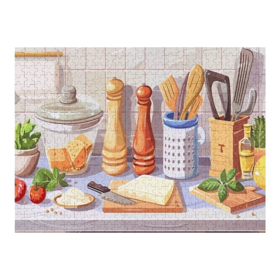 Jigsaw Puzzles - Kitchen Countertop with Various Utensils, Cheeses, And Fresh Ingredients500 PCSChallenging Puzzle Perfect for Game Nights