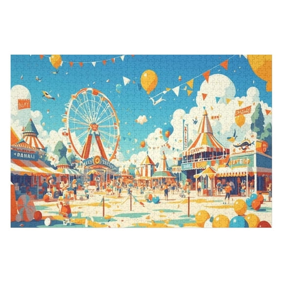 Jigsaw Puzzles - Lively Amusement Park with Ferris Wheel, Balloons And People Having Fun1000 PCS，Challenging Puzzle Perfect for Game Nights