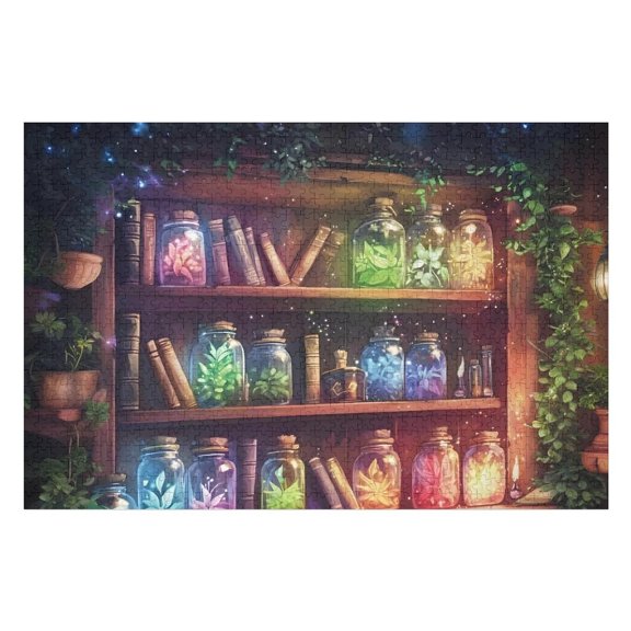 Jigsaw Puzzles - Magical Shelf with Glowing Jars of Plants And Old Books, Surrounded by Greenery1000 PCS，Challenging Puzzle Perfect for Game Nights