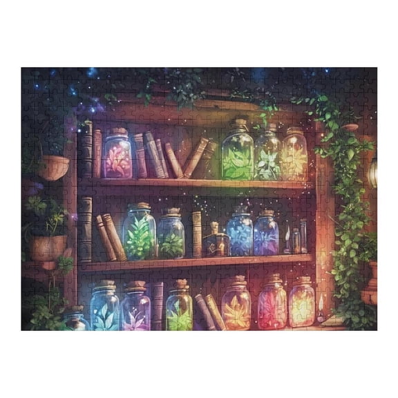 Jigsaw Puzzles - Magical Shelf with Glowing Jars of Plants And Old Books, Surrounded by Greenery500 PCSChallenging Puzzle Perfect for Game Nights
