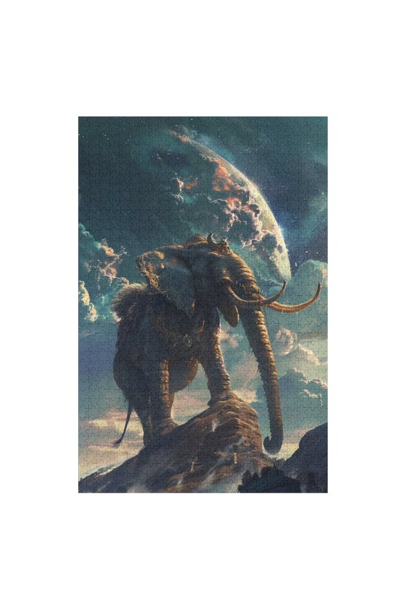 Jigsaw Puzzles - Majestic Elephant Standing on A Rock with A Large, Glowing Planet in The Cosmic Background1000 PCSChallenging Puzzle Perfect for Game Nights