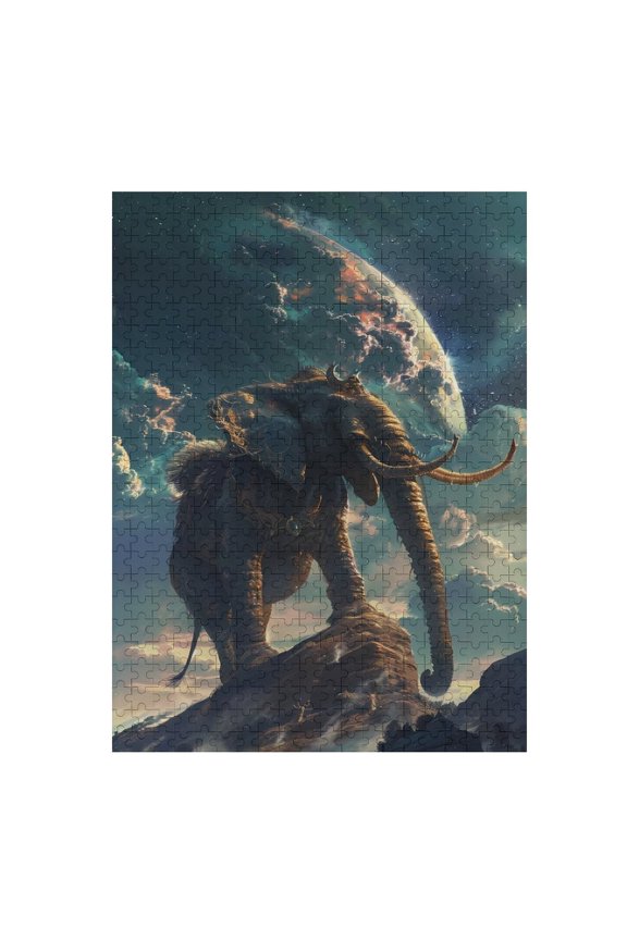 Jigsaw Puzzles - Majestic Elephant Standing on A Rock with A Large, Glowing Planet in The Cosmic Background500 PCSChallenging Puzzle Perfect for Game Nights