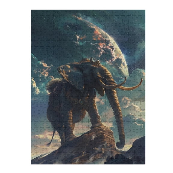 Jigsaw Puzzles - Majestic Elephant Standing on A Rock with A Large, Glowing Planet in The Cosmic Background500 PCSChallenging Puzzle Perfect for Game Nights