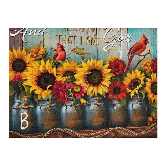 Jigsaw Puzzles - Mason Jars with Sunflowers And Cardinals, Text Reading And That I Am God500 PCSChallenging Puzzle Perfect for Game Nights