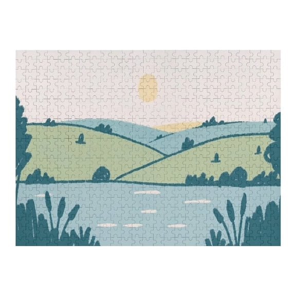 Jigsaw Puzzles - Minimalist Landscape with A Lake, Rolling Hills, And A Setting Sun500 PCS，Challenging Puzzle Perfect for Game Nights