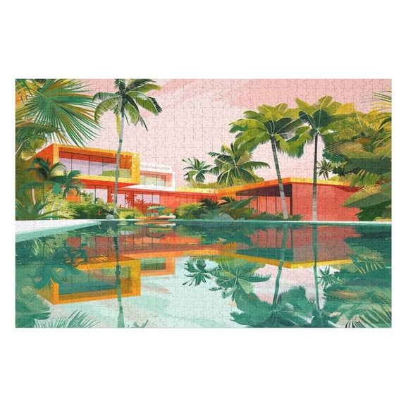 Jigsaw Puzzles - Modern Tropical Resort with A Pool, Surrounded by Palm Trees And Vibrant Architecture1000 PCSChallenging Puzzle Perfect for Game Nights