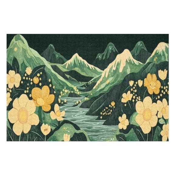 Jigsaw Puzzles - Night - Time Mountain Scene with A River And Large Yellow Flowers1000 PCS，Challenging Puzzle Perfect for Game Nights