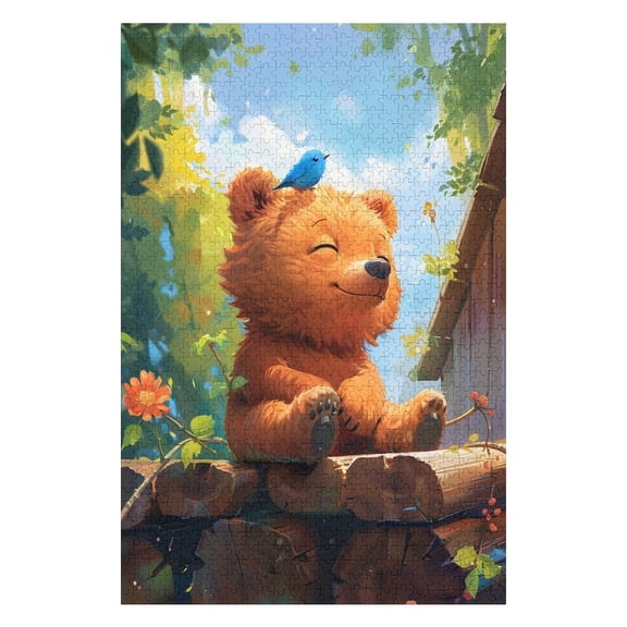 Jigsaw Puzzles - Orange Bear Sitting on Logs, with A Blue Bird on Its Head, in A Bright, Leafy Setting1000 PCSChallenging Puzzle Perfect for Game Nights